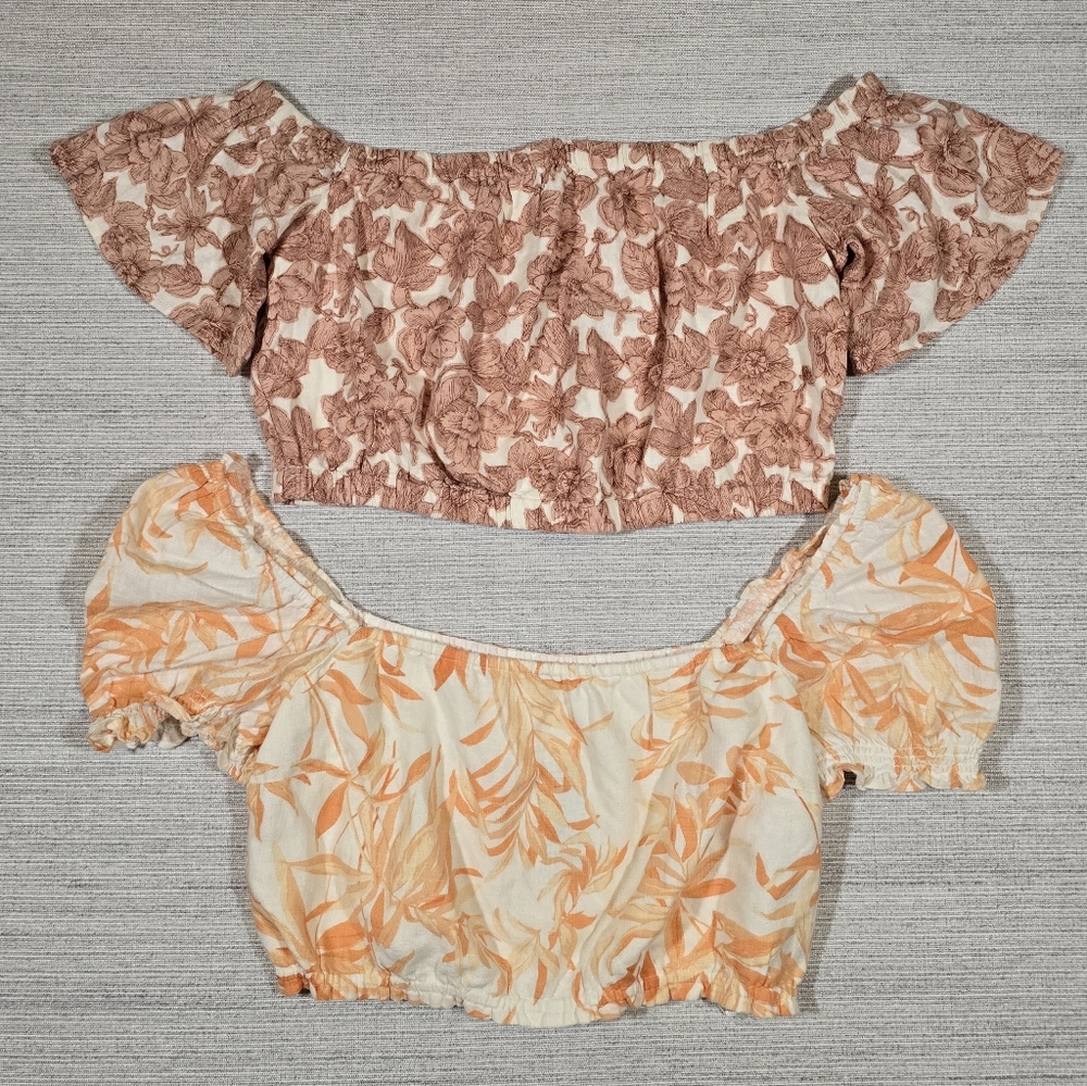 Abercrombie & Fitch Linen Blend Floral Crop Top Womens L Lot Of 2 Vacation Boho